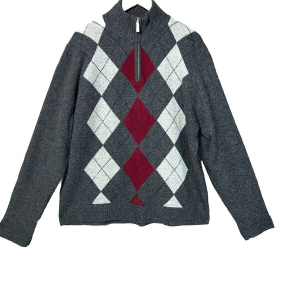J Crew Sweater Mens XL Half Zip Pullover Gray Lambs Wool Argyle Preppy Old Money - Picture 1 of 9